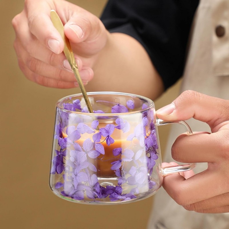 Cană cu flori uscate, pereți dubli, sticlă borosilicată, izolare termică, hortensie, 180 ml